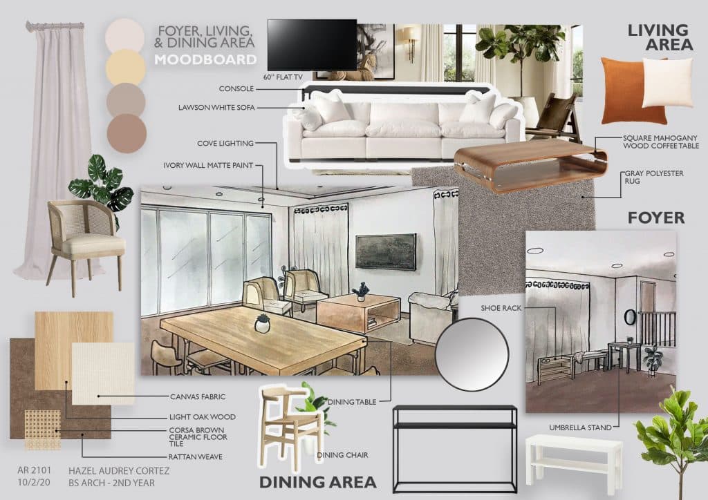 Detailliertes Interior Design Moodboard von WDW mit Raumskizzen, Farbpalette, Möbeln, Holz- und Materialmustern für einen modernen Wohn- und Essbereich